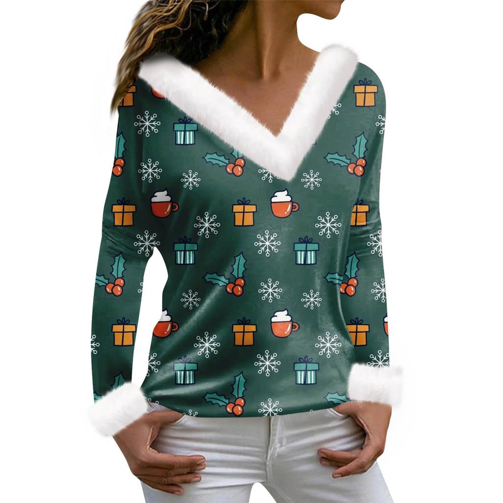 Женская футболка с рождественским принтом, футболка с длинным рукавом, флисовый воротник, топ с V-образным вырезом
