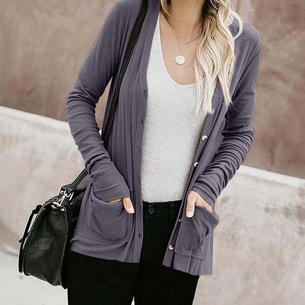 Women's Long Sleeve Tops Casual Shirts Button Down Pockets Basic Ribbed Knit T Shirts Cardigan