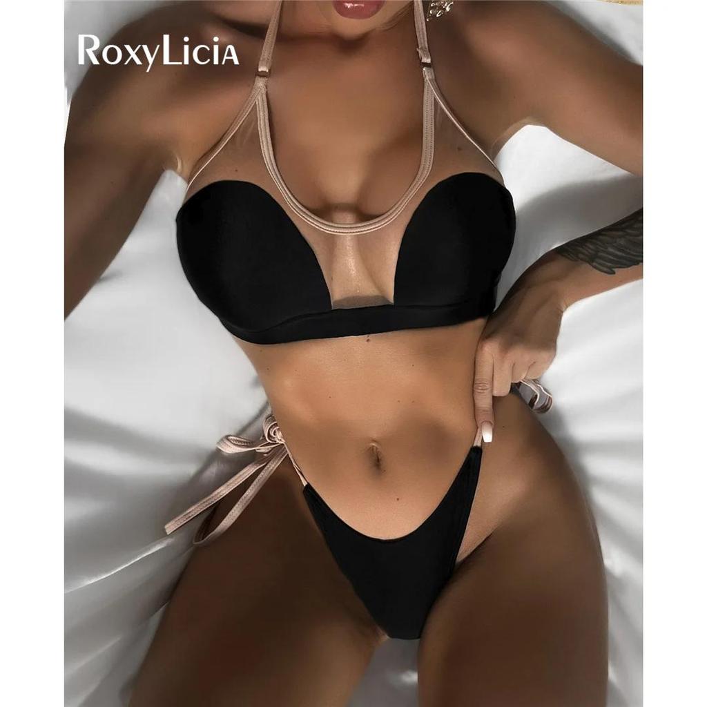 Sexy Mesh Sheer Halter High Leg Cut Bikini Female Swimsuit Women Swimwear Two-pieces Bikini Set Bather Bathing Suit Swim
