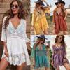 5 Colors Bikini Cover Ups Lace Beach Dress Solid Biquinis Kimono for Women Free Size Sun Protection Short Sarong V-Neck