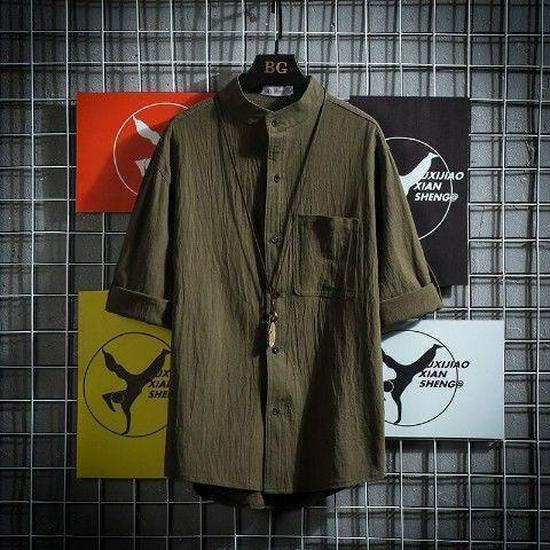 Мужская рубашка больших размеров в японском стиле с воротником-стойкой и короткими рукавами, однотонная