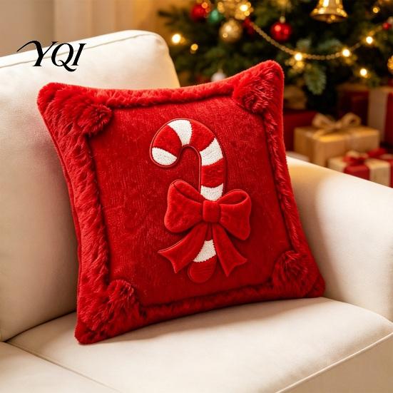 Festive Home Decor Pillow Slips Christmas Cover with 3D Candy Cane Embroidery, Red Throw Invisible Zipper Cases Case for Couch Sofa Bed, Holiday