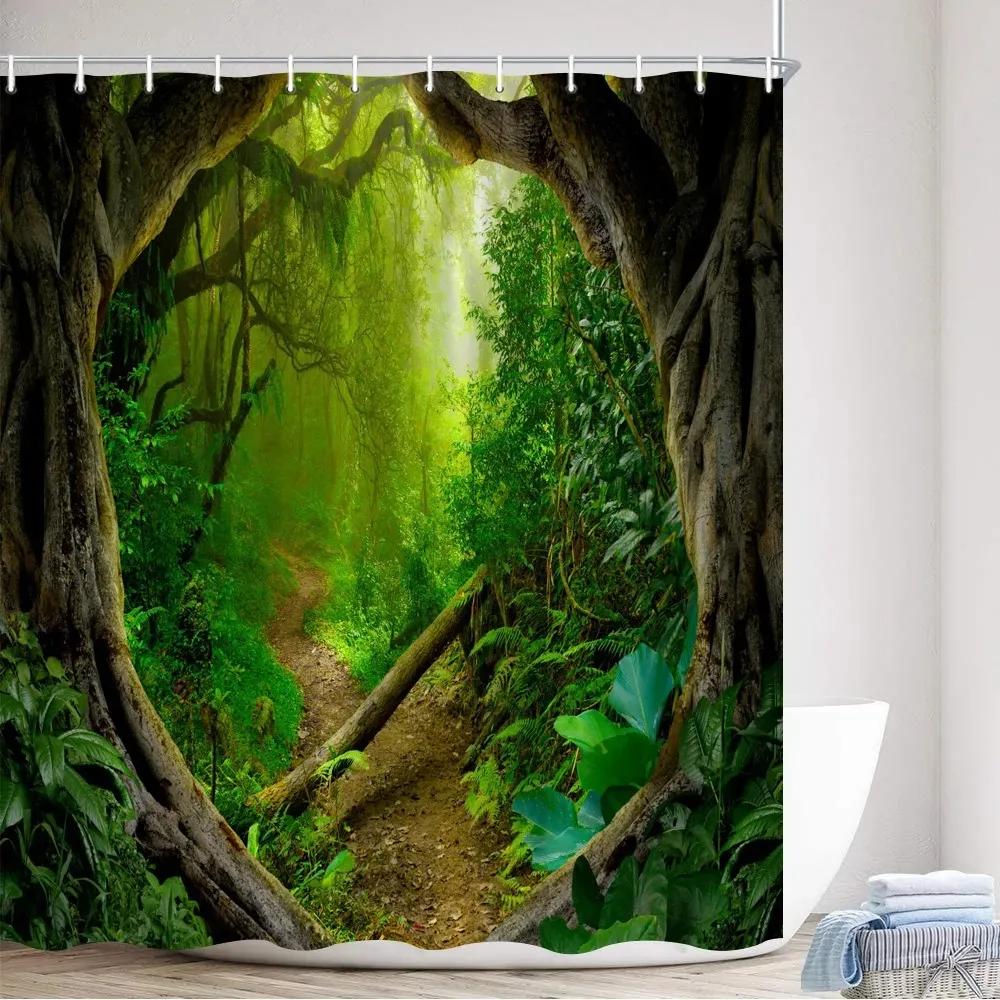 Tropical Rainforest Shower Curtains Forest Plants Rustic Nature Scenery Bath Curtain Garden Wall Hanging Bathroom Decor Hooks