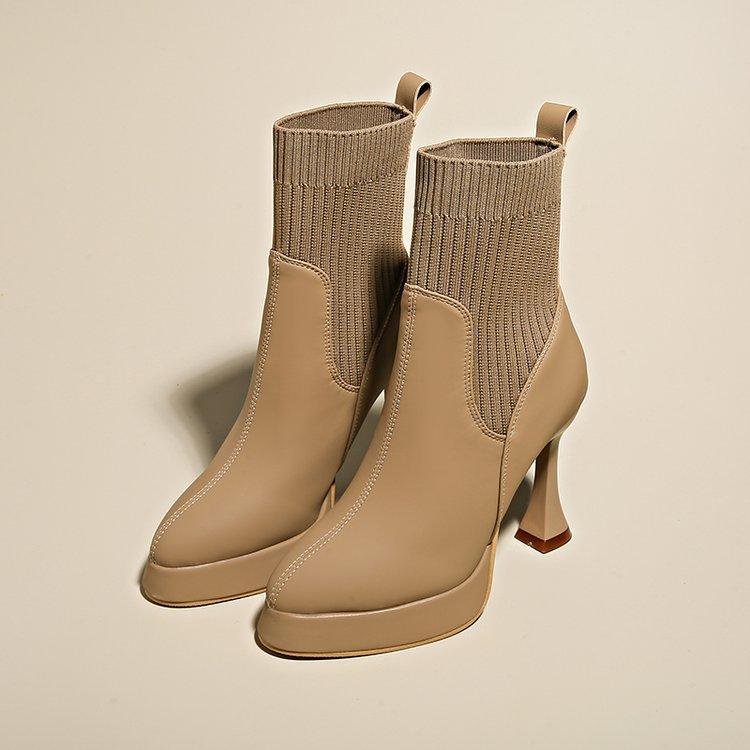 Fashion High-heeled Short Boots Spring and Autumn Pointed Toe Elastic Stocking Ankle Boots for Women Splicing Slip On Botas Femininas