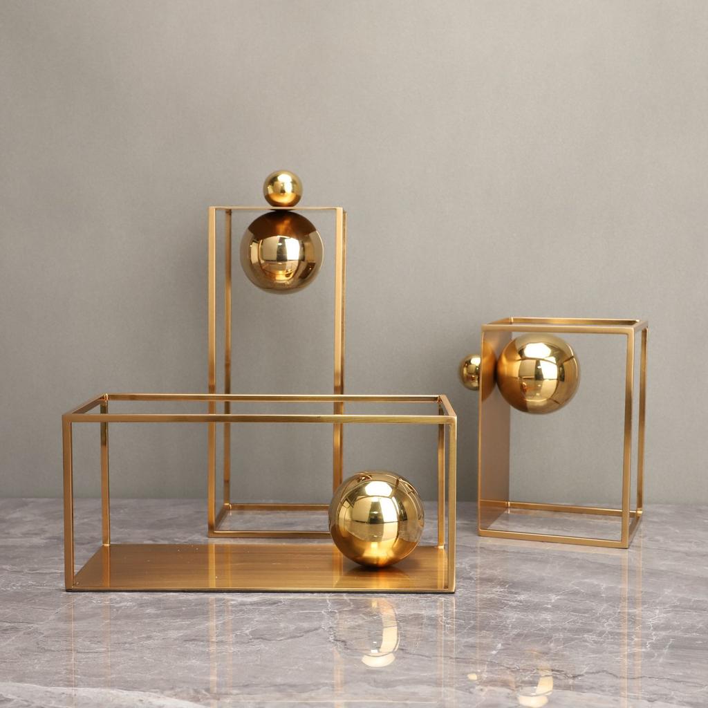 Metal Crafts Geometric Boxes Gold Frame Spherical Abstract Sculpture Metal Decorative Figurines Home Decoration Accessories