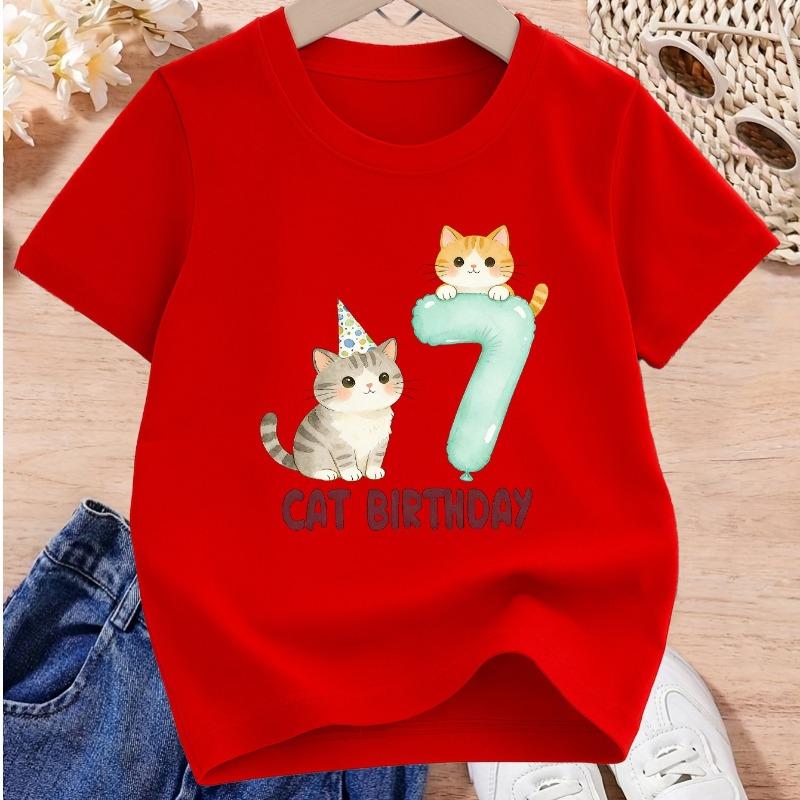 Girls Cat Birthday Cute Floral Print Crewneck T-Shirt, Spring Summer Versatile Kids Tee