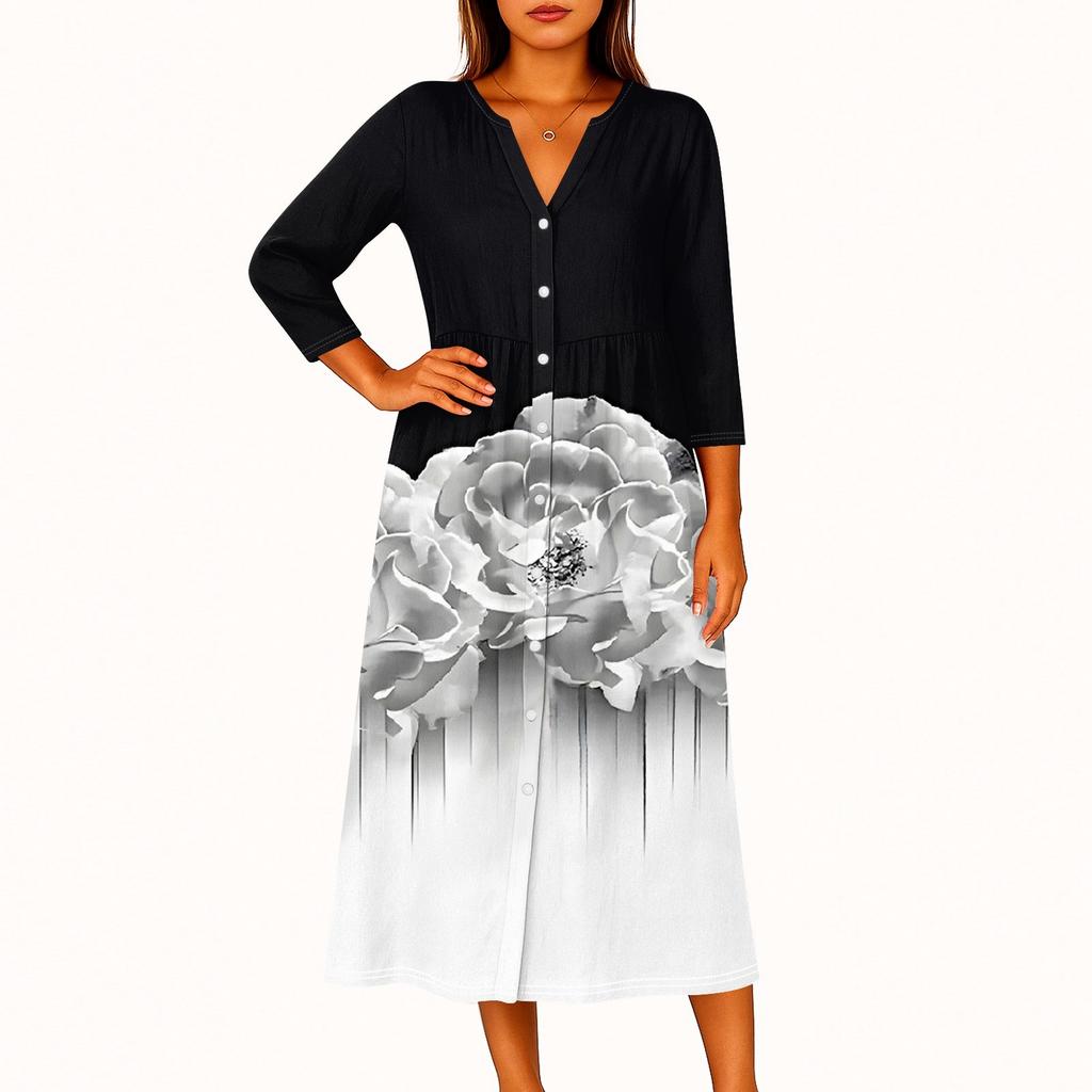 Women's Fashionable Printed Round Neck Seven Quarter Sleeve Button Loose Shirt Dress