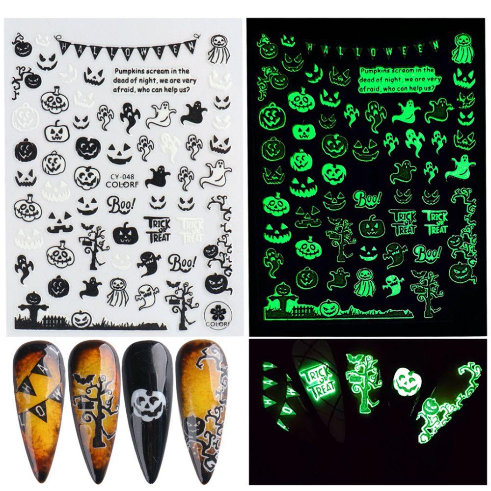 Adhesive Skull Pumpkin Spider Web Manicure Luminous 3D Halloween Nail Stickers Glow In The Dark