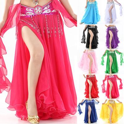 Женский костюм для танца живота, шифоновая юбка с разрезом, платье, танцовщица, юбка