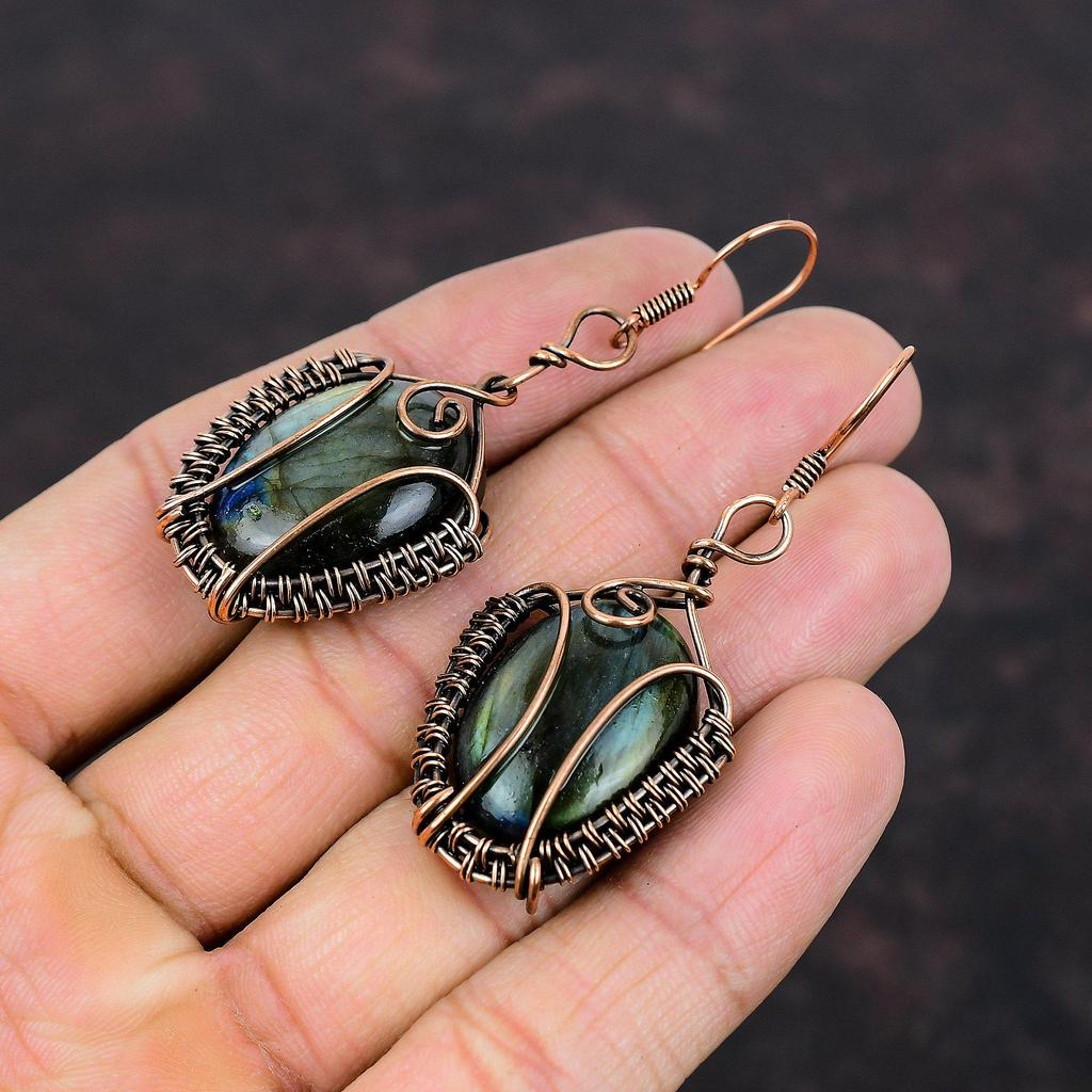 Лабрадорит Серьги Медная проволока Обернутые серьги Драгоценные камни Ювелирные изделия Серьги ручной работы Медная проволока Обернутые украшения Подарок для мамы Дизайнерские серьги