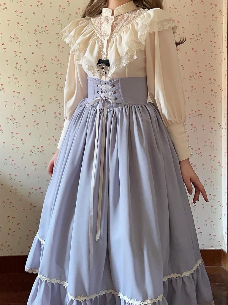 LAVASEON Long Sleeve Retro Perfect for Cute Lace and Balloon Office Princess Mori Girl No Bow Women's Blouse, Commuting, Ruffles, Stand-Up Collar,