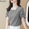 Women Square Collar Short Sleeve Casual Grid Print Blouse