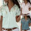 Vintage Casual Loose Print Shirt Women Short Sleeve Button Up Blouse Tops Office Female Spring Fashion