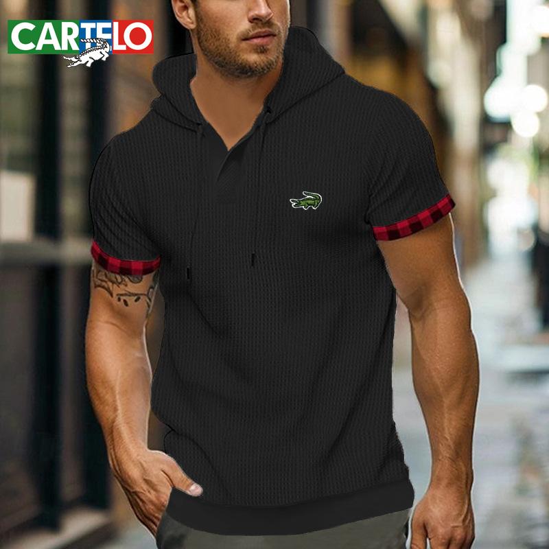 CARTELO Новая летняя повседневная мужская футболка с вышивкой с коротким рукавом, европейский и американский топ, большая вафельная дышащая толстовка с капюшоном