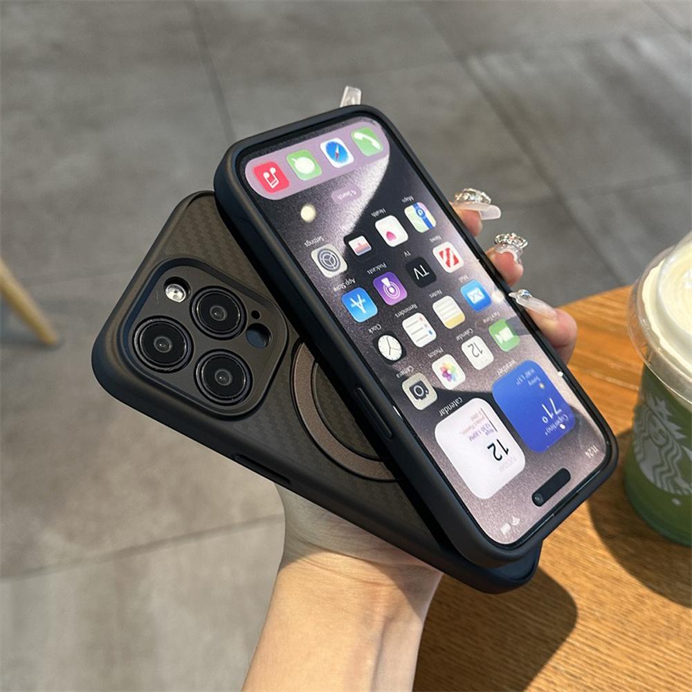 Роскошный чехол для телефона с текстурой углеродного волокна для iPhone 16 15 14 Plus 13 12 Pro Max с магнитной подставкой-кольцом Magsafe, беспроводная крышка
