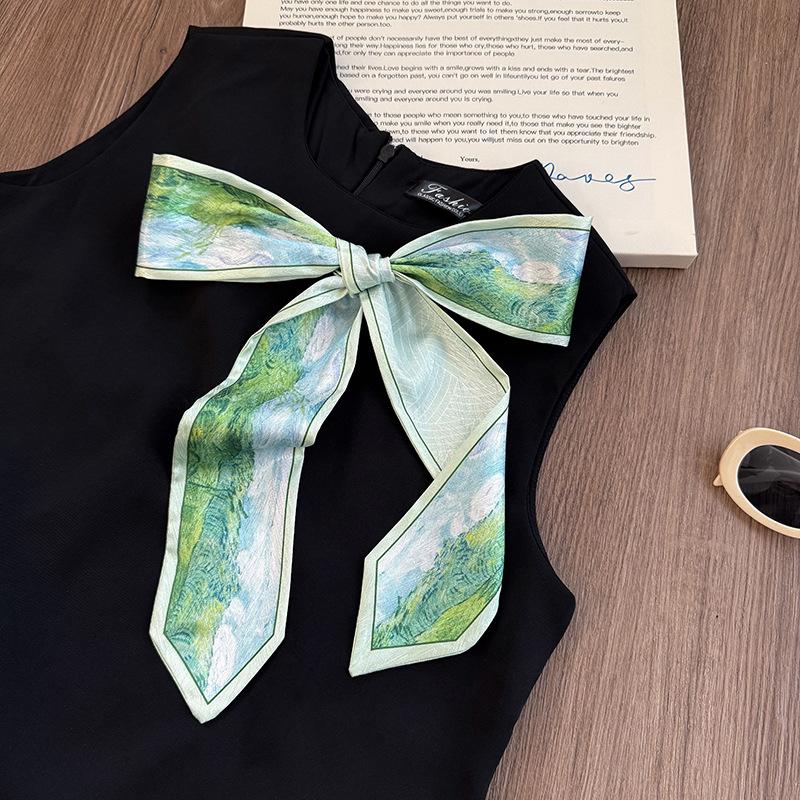 Silk Scarf Long Strip High Sense Spring and Summer Versatile Oil Painting Headscarf Headband Tied Bag Streamer Decorative Scarf Multi-purpose Belt