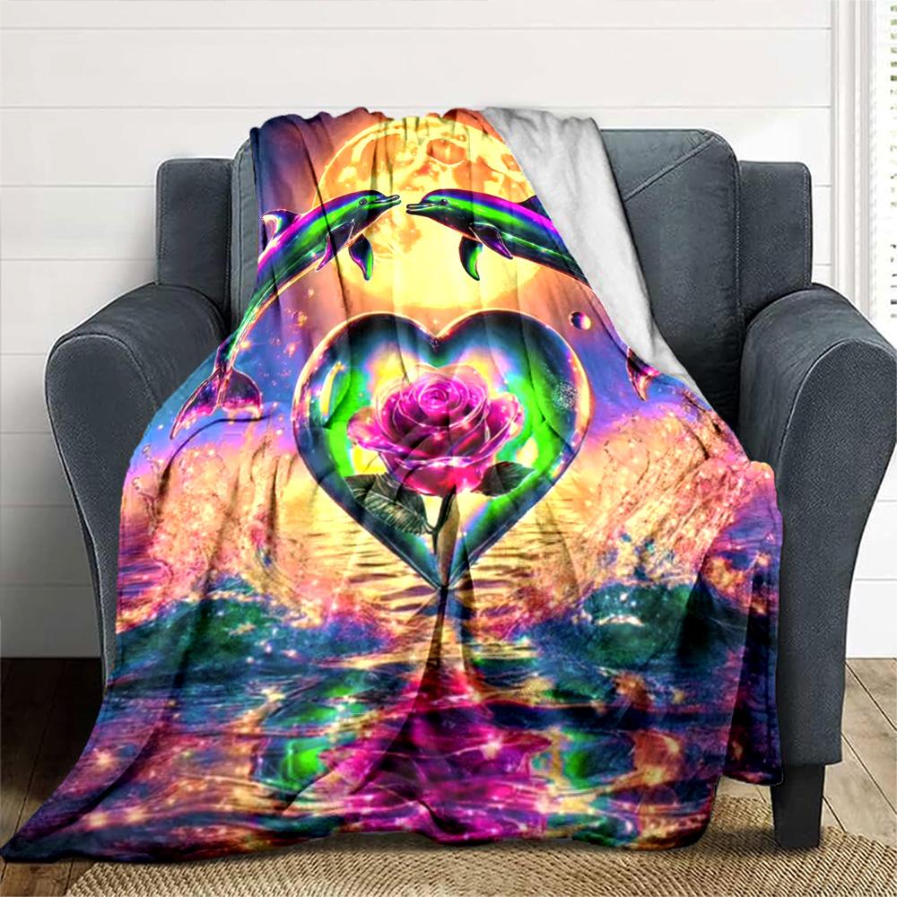 Neon Dolphin Heart Rose Moon Ocean Print Flannel Fleece Blanket Fantasy Marine Soft Warm Throw Blanket Sofa Couch Bedroom Home Decor Gift