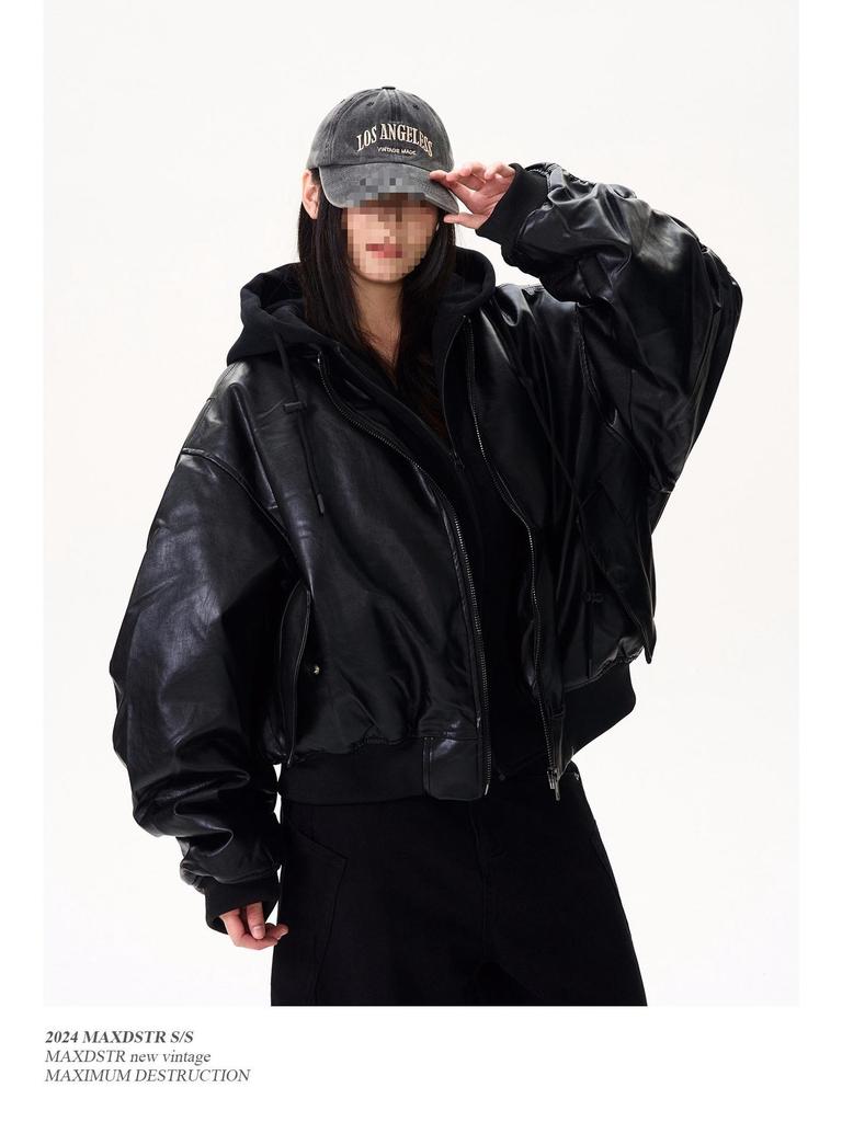 Унисекс Черная Бомбер-куртка с капюшоном, Пэчворк из Искусственной Кожи, 2025