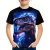 Round Neck 3D Dinosaur Printed Top Casual Short Sleeved Children's Boy T-shirts - Soft Medium Stretch Polyester Fabric Summer Relaxed Fit Clothing