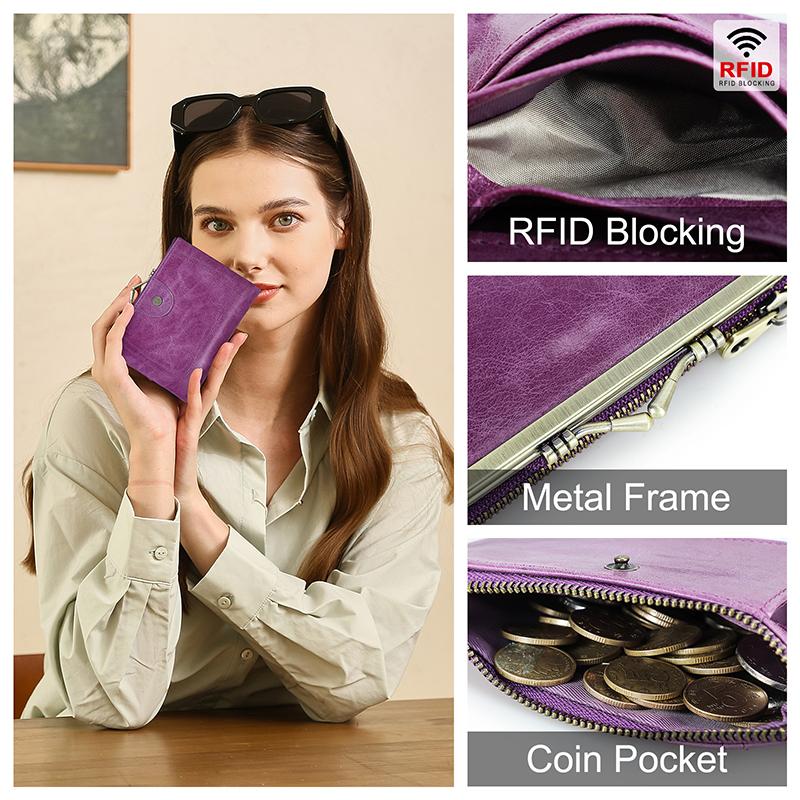 Женский кошелек из натуральной кожи, небольшой кошелек с металлическим каркасом, женский кошелек на застежке и молнии, карман для монет, держатель для кредитных карт, RFID-кошелек