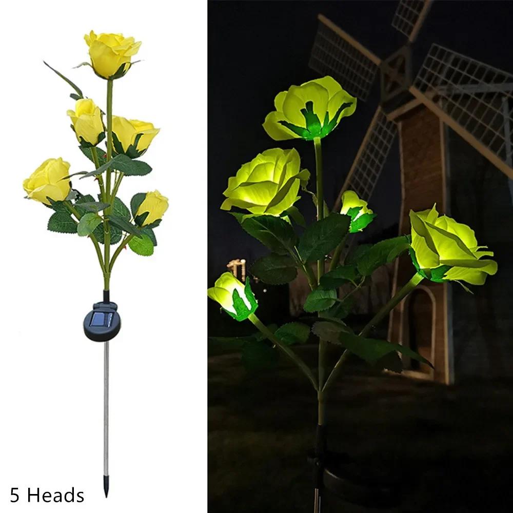 Garden Solar Decorative Lights, Outdoor Waterproof Realistic Artificial 5 Rose Flowers for Backyard Pathway Porch Yard Decor