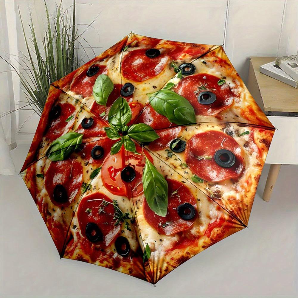 Pizza-Themed Folding Umbrella with Open/Close - Italian Design (Basil, Pepperoni, Olives, Tomato) - Compact Travel Umbrella wi