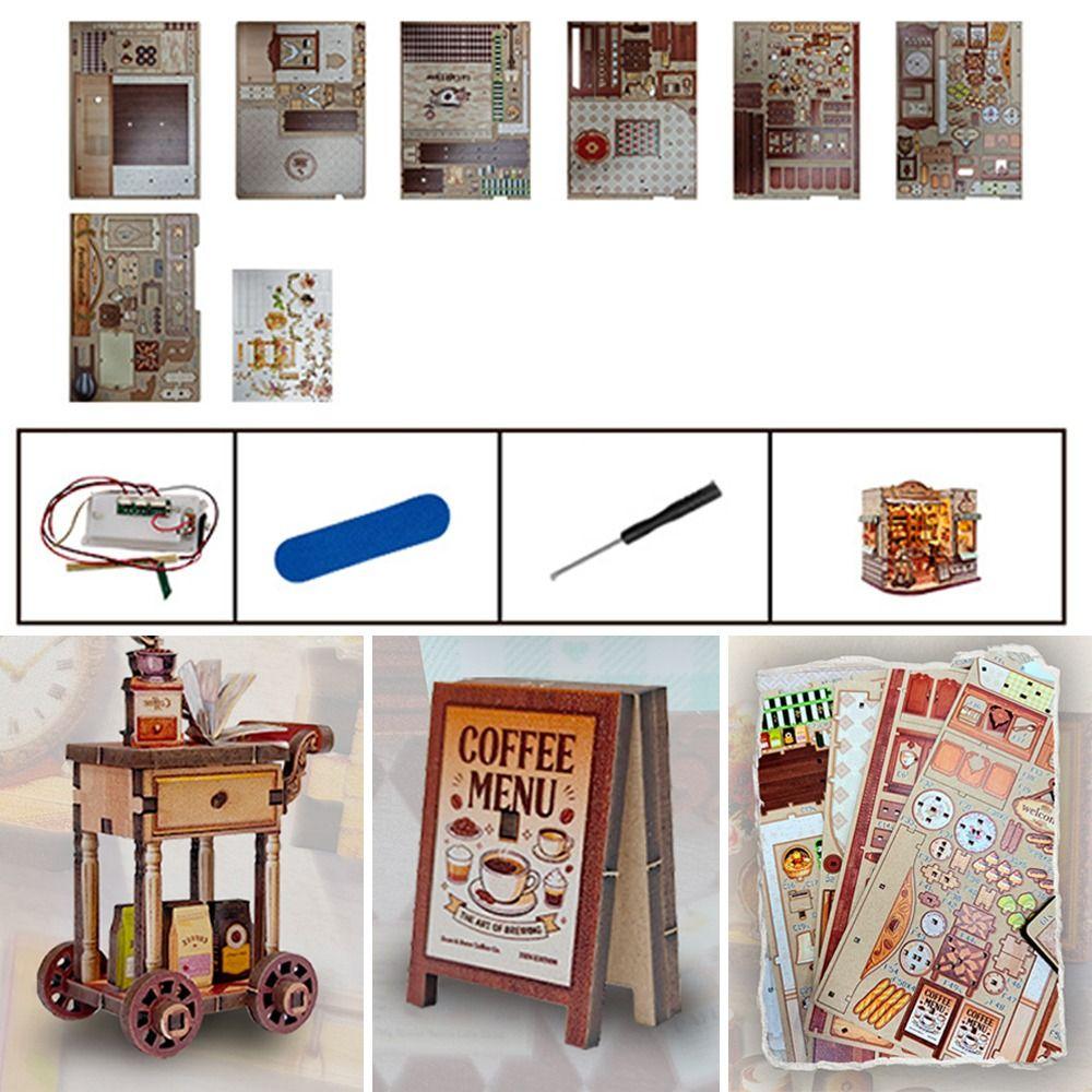 Cafe Wooden Miniature House LED Light 3D Puzzle Building Model Craft Mini Dollhouse Kit Gift