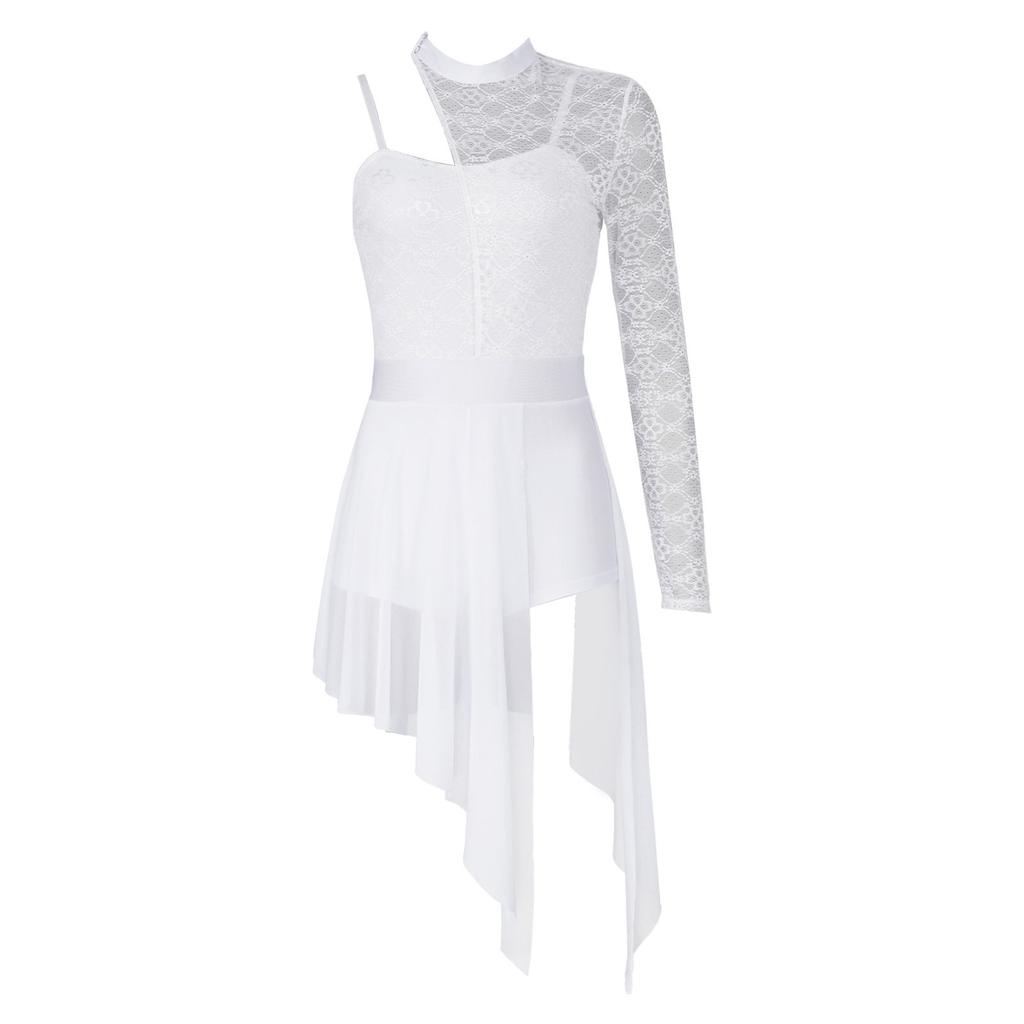 Женское модное трико-платье на одно плечо, кружевное, пэчворк, прозрачная сетка, разрез по низу, танцевальная одежда