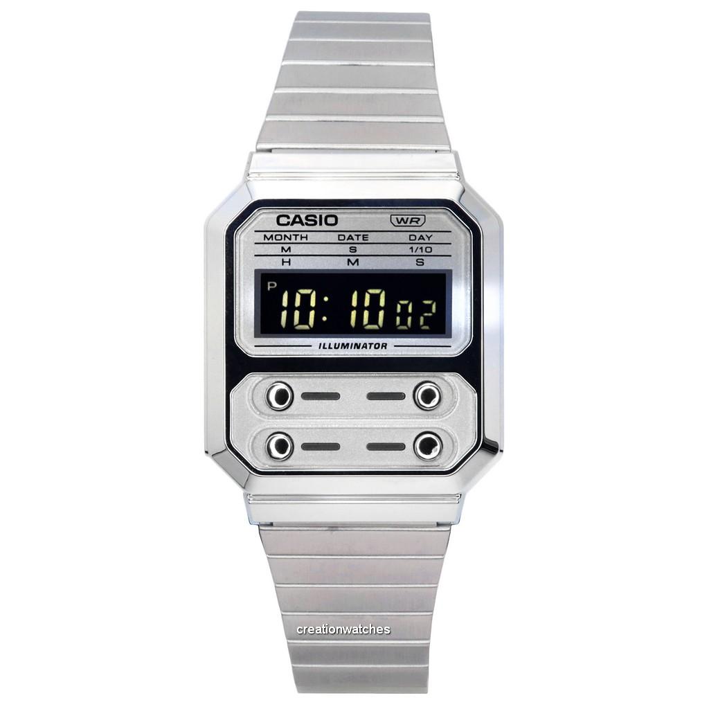 Casio Винтажные цифровые кварцевые часы из нержавеющей стали A100WE-7B A100WE-7B унисекс