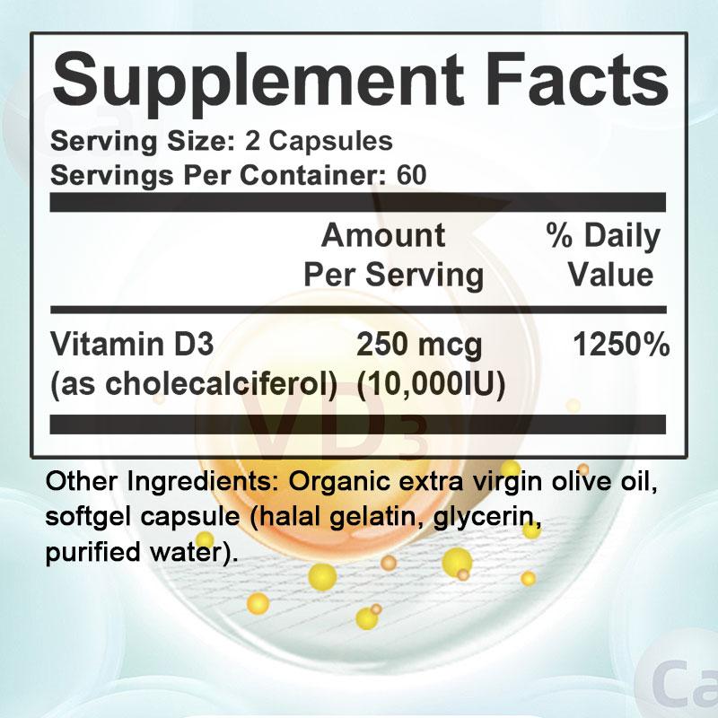 Vitamin D3 (As Cholecalciferol) 10000 IU Dietary Supplement, 120 Capsules Per Bottle