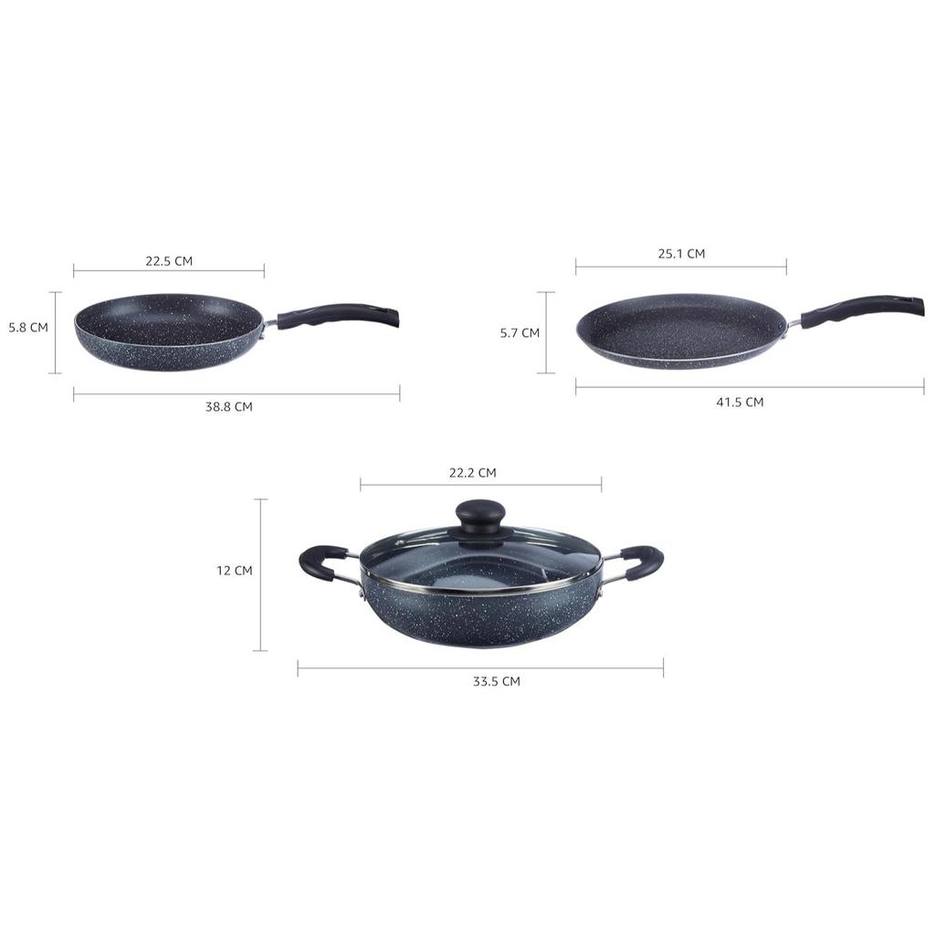 6 Piece Non-Stick Cookware Set | Induction Base | PFOA Free | HTR Exterior Coating | 25cm Tawa, 22 Cm Kadai, 22cm Fry Pan, 1 Glass Lid & 2 Spatulas