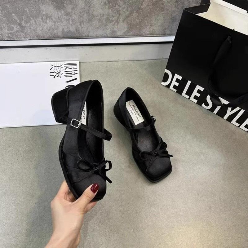 2025 летние новые туфли Мэри Джейн с одним словом, женские новые туфли Мэри Джейн с квадратным бантом и атласным толстым каблуком