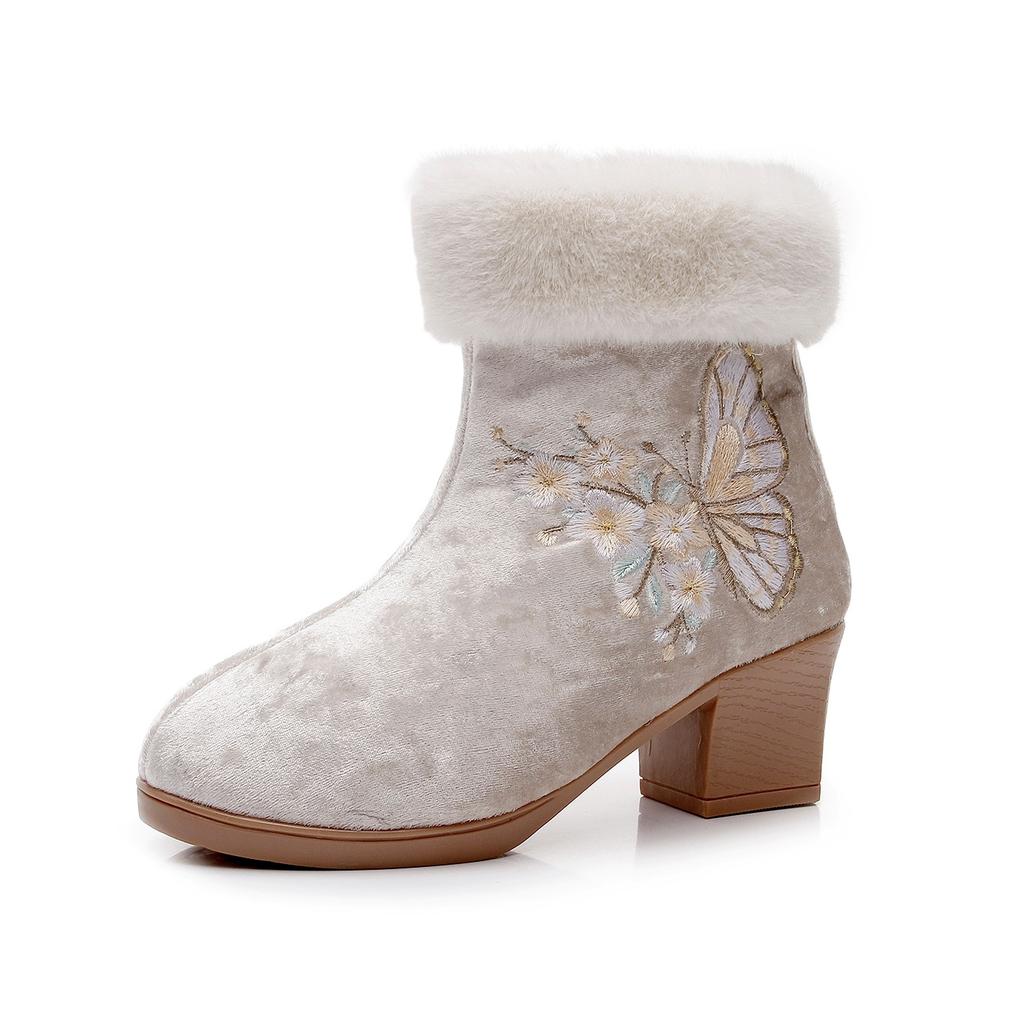 Женские зимние вышитые ботильоны на щиколотке, нескользящие, на низком блочном каблуке, зимние ботильоны с подкладкой из искусственного меха, теплые, удобные флисовые ботинки для ходьбы для женщин