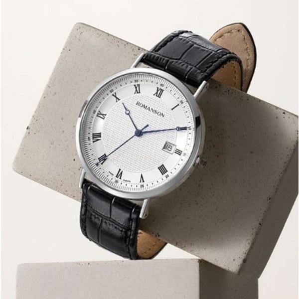 Romanson Часы Kairos Classic DATE Черные кожаные RWTLDM1B2400WHWH0 + Подарочная упаковка, Корейские популярные часы