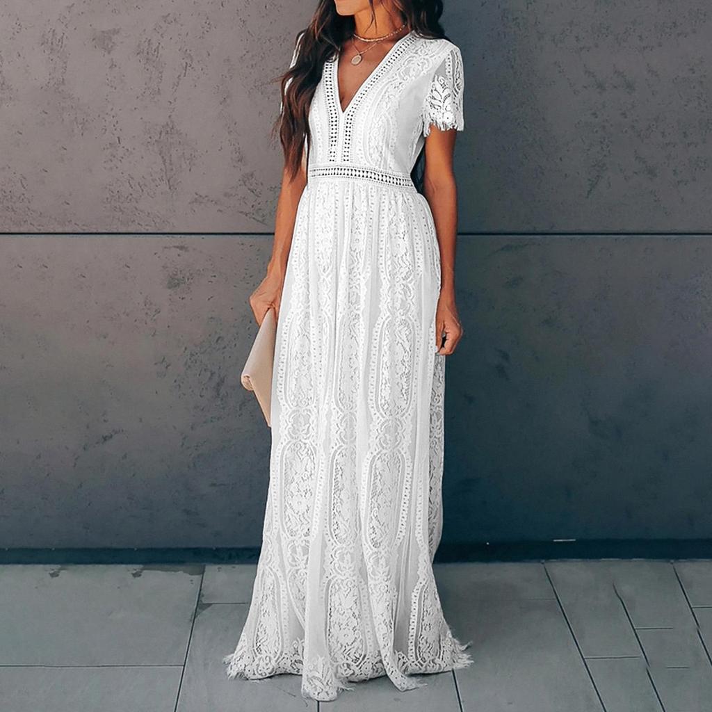 Платье с короткими рукавами и V-образным вырезом в европейском и американском стиле из кружева