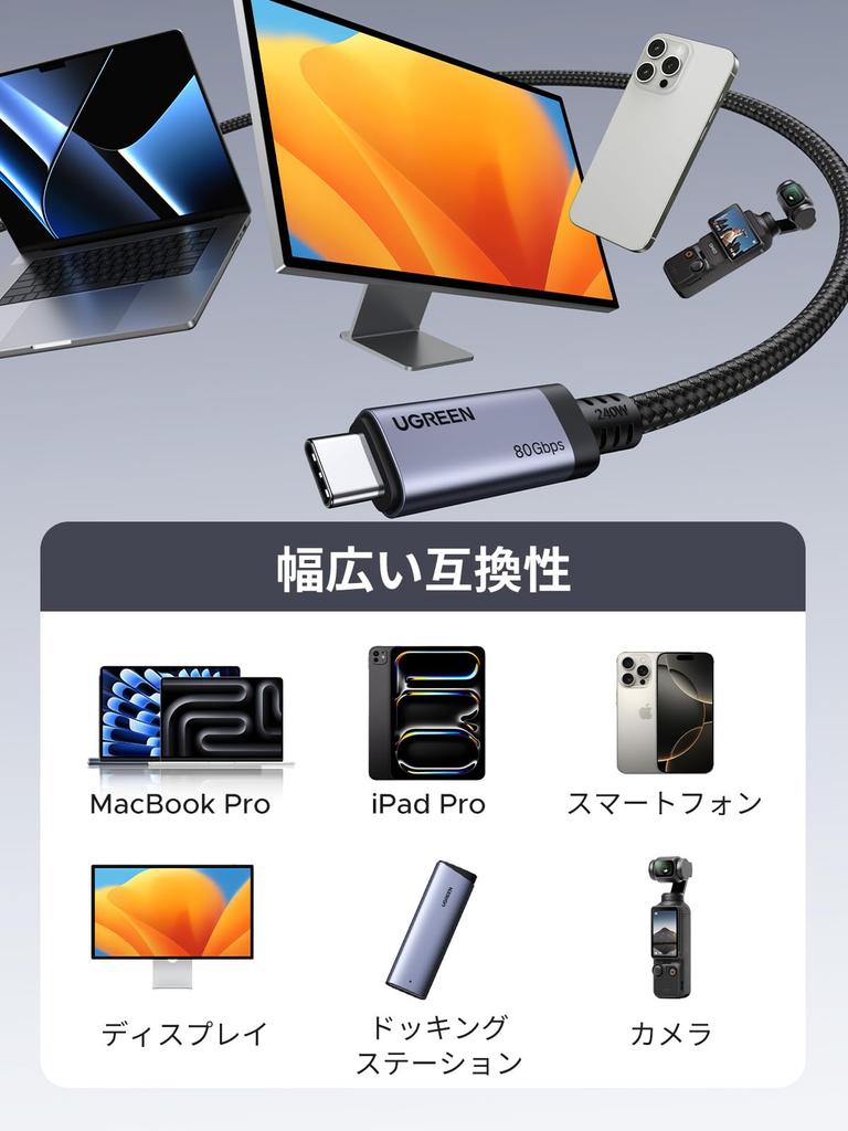 Кабель UGREEN USB4 Gen4 Двунаправленная высокоскоростная передача данных 80 Гбит/с Быстрая зарядка 240 Вт Совместимость с USB 3 Обратная совместимость Видеовыход Высоко