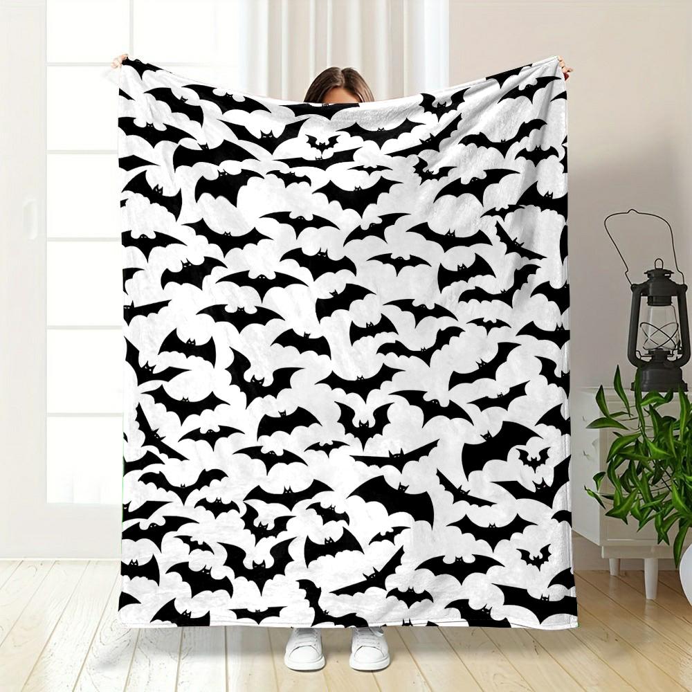 Black Bats Pattern on White Background Patterned flannel blanket perfect for the bedroom living room, sofa, or a little nap