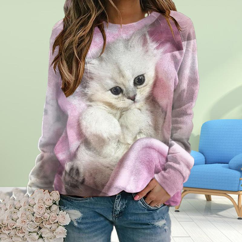 Осенняя женская мода с круглым вырезом и длинным рукавом, свободная одежда, соблазнительная футболка с принтом кошки для девочек, уличная