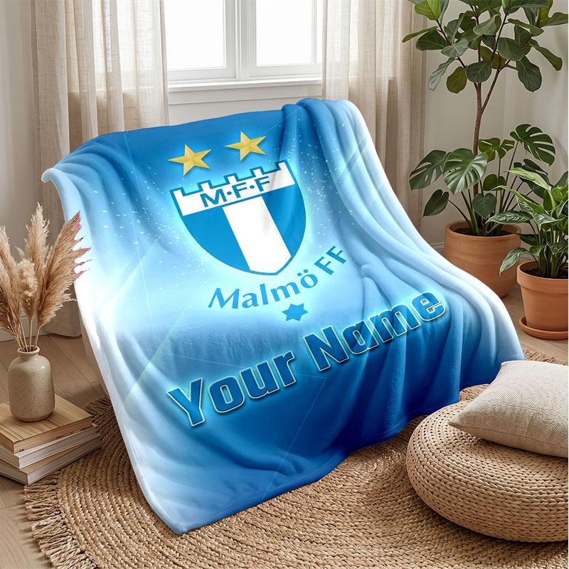 Malmö FF Custom Name Text Flannel Blanket Soccer Logo Personalized Fleece Throw Blanket Special Gift For Sofa Bedroom Home
