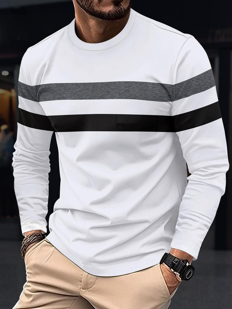 Plus Size Men's Color Block Crew Neck Long Sleeve Base Layer Pullover for Autumn & Winter