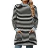 Autumn and Winter Women's Top Plus Size Stripe Color Collision Loose Pocket High Neck Long Sleeve Sweatshirt