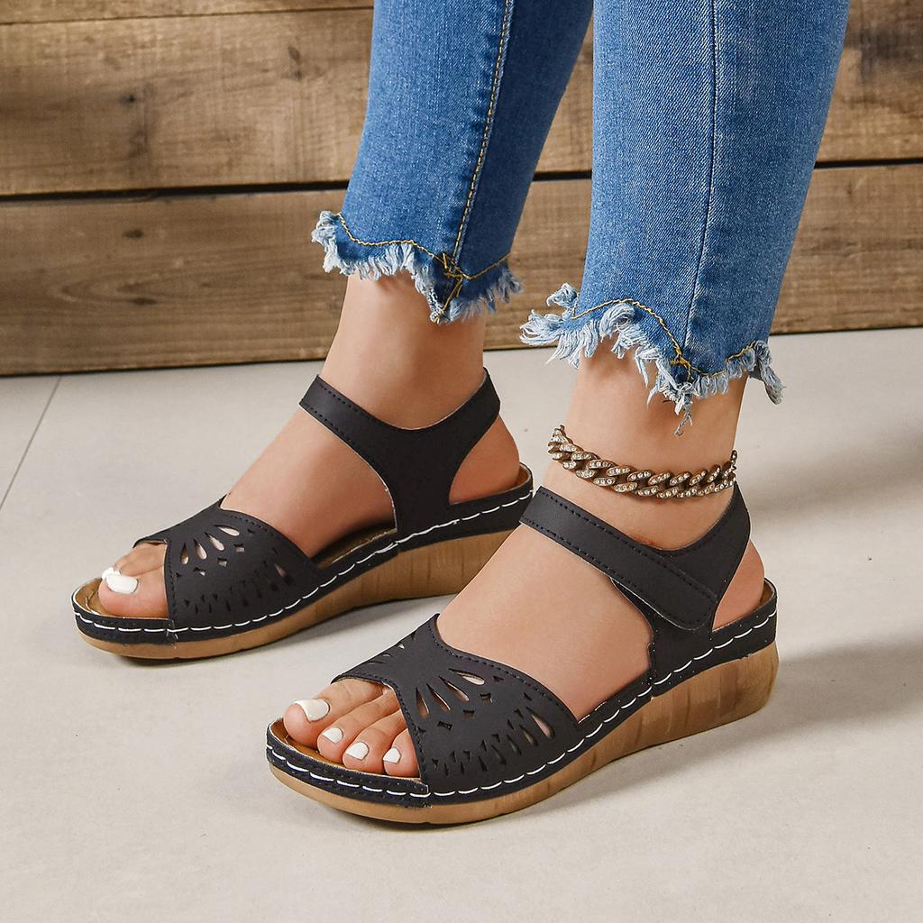 Классическая женская обувь Летние женские сандалии Модные сандалии на танкетке с вырезами Ретро Однотонная строчка Большой размер Римская обувь