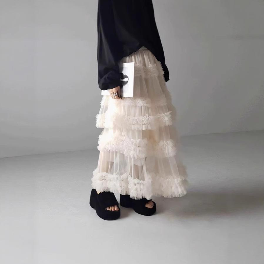 Japanese Style Spring/Summer Women's A-Line Midi Skirt with Anti-Exposure Hand-Stitched Three-Layer Net Yarn