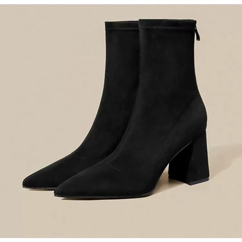 Осенне-зимние вязаные эластичные носки-ботинки женские на низком каблуке короткие ботильоны с острым носком женские ботильоны до щиколотки размер 42