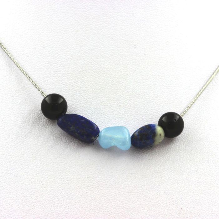 Collier - A Bijoux - Agate noire 8 mm - Aigue-Marine - Lapis Lazuli - Acier inoxydable