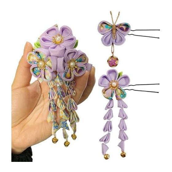 Japanese Hair Ornaments Set - 3-Piece Fan-Shaped Hair Accessories for Kimono, Yukata, and Formal Occasions (Purple)