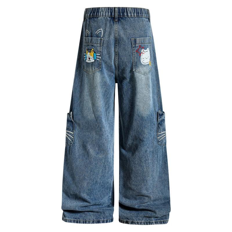 Unisex Wide-Leg Denim Pants With Multiple Pockets Water Washed Relaxed Fit Vintage American Style