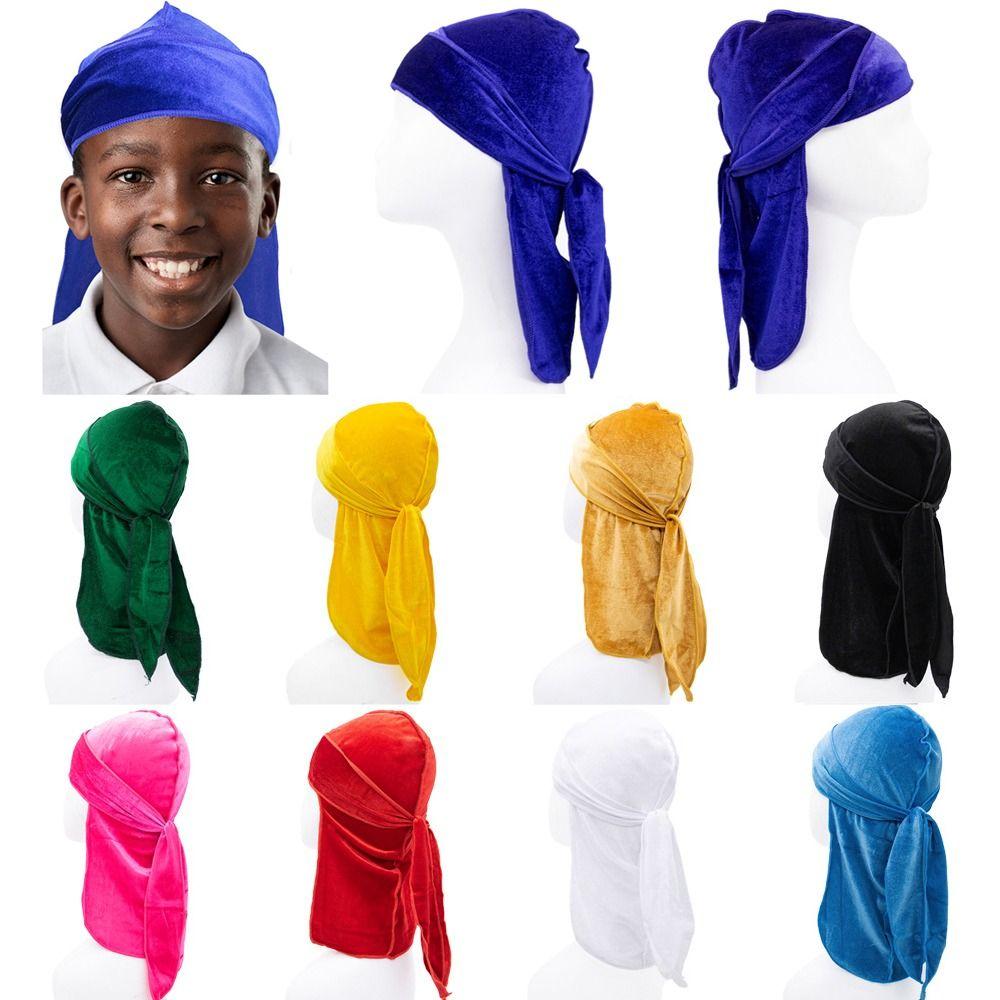 Бархатная пиратская шапка Durag, предварительно завязанный детский тюрбан, хиджаб, эластичная повязка на голову для мальчика