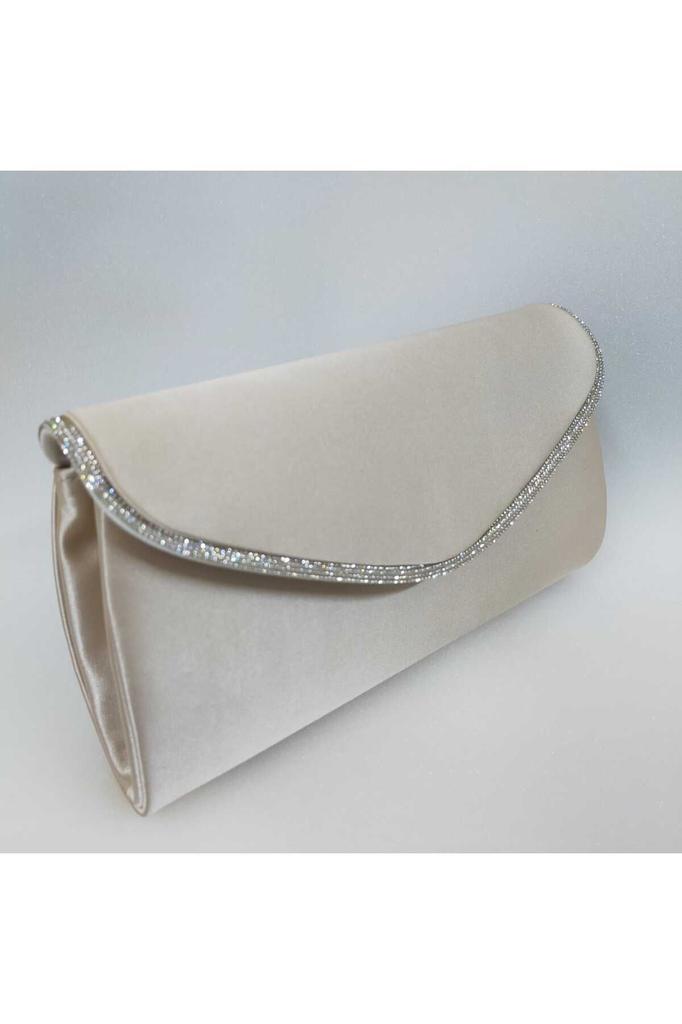 Women's Stylish and Useful Evening Dress Bag Shiny Beige Satin Silver Stone Evening Bag