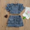 Детский джинсовый комплект из топа и юбки, комплект одежды из двух предметов для маленьких девочек